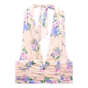 Y2K Zara Pink Floral Ruched Corset Halter Neck Deep Plunge Crop Top